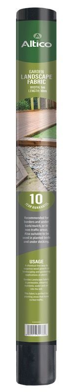 A roll of black landscape fabric with green and white labels, showing images of installed fabric.