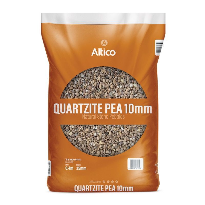 Bag of Altico Quartzite Pea 10mm gravel with gray and brown stones.