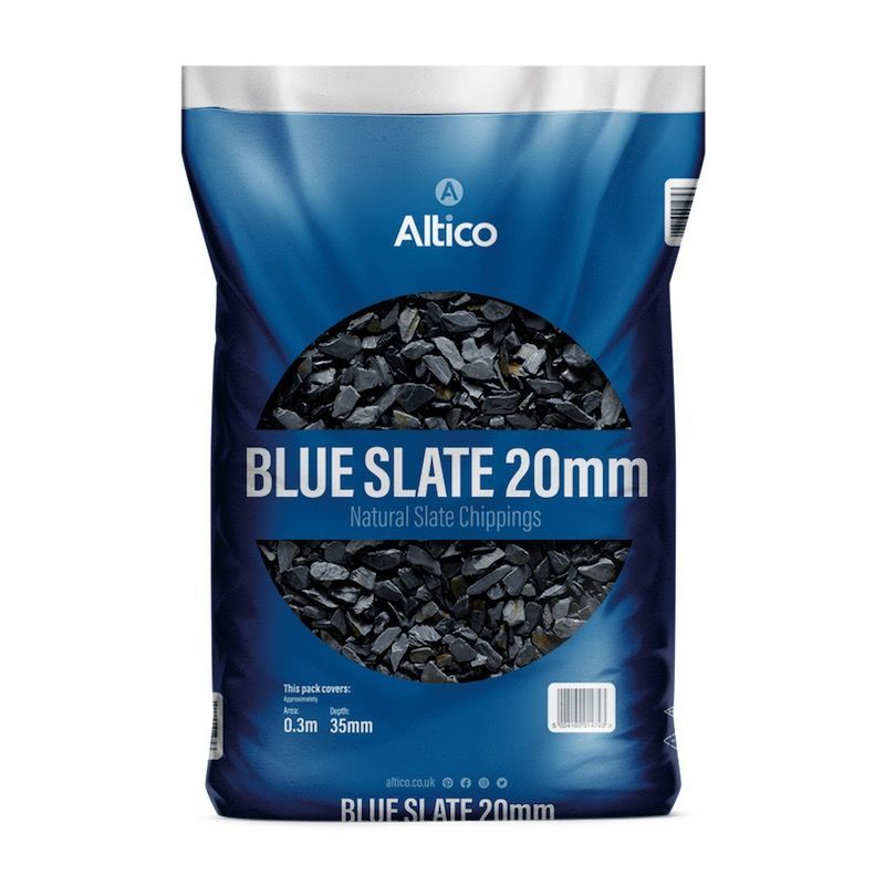 Bag of blue slate 20mm natural slate chippings, product branding visible.