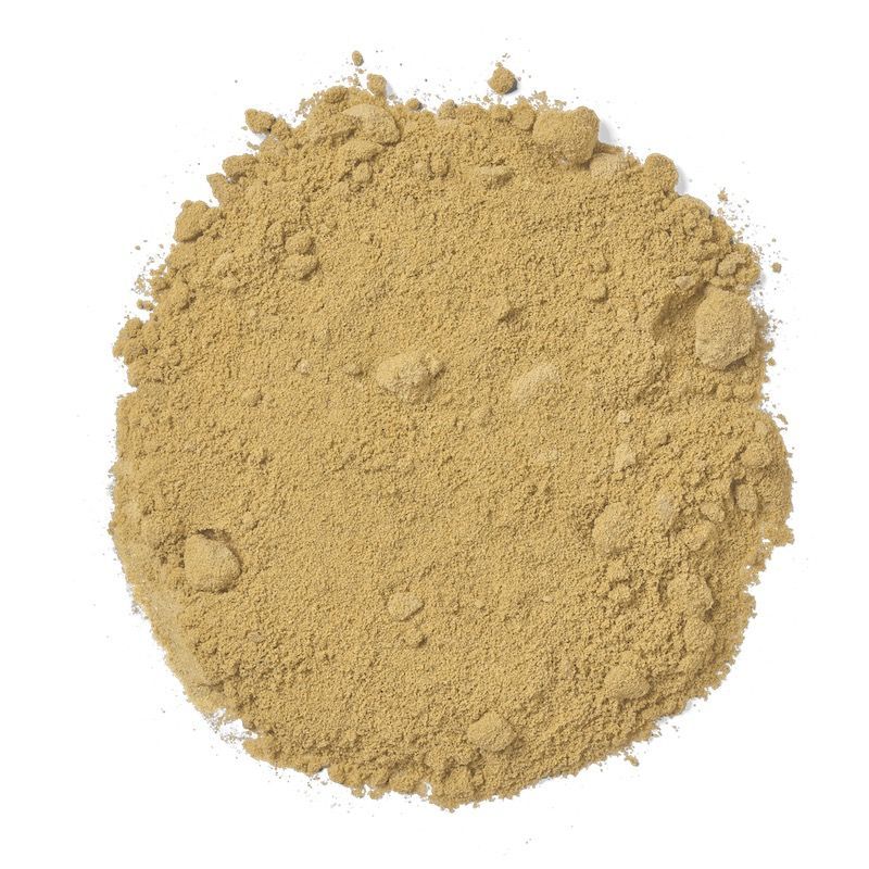 Pile of light brown powder, possibly a spice or supplement, on a white background.