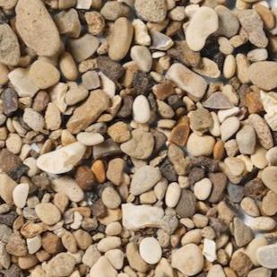 Pile of mixed-color small pebbles; tan, gray, and brown.