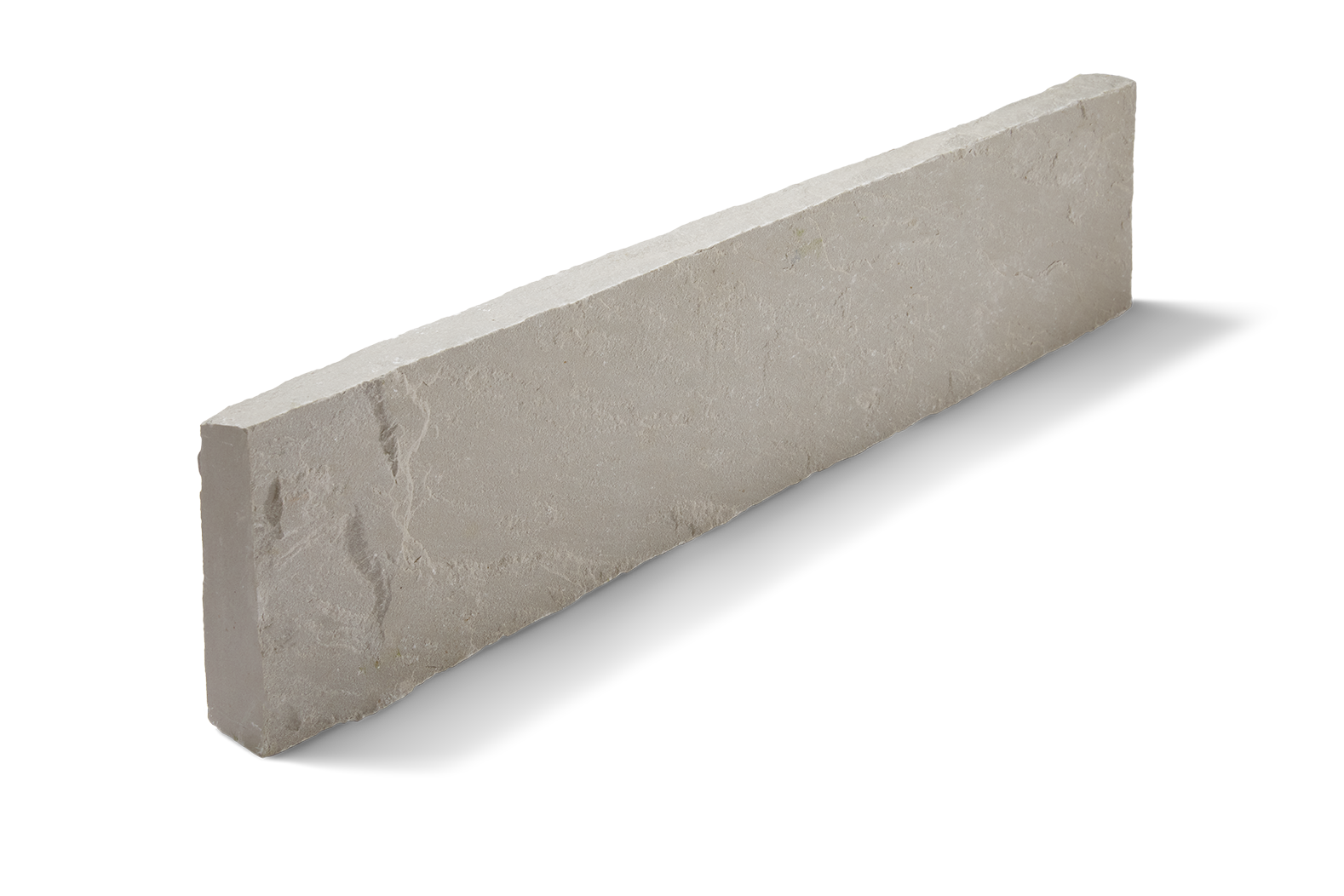 Gray rectangular concrete curb, slightly angled, casting a shadow on a white background.