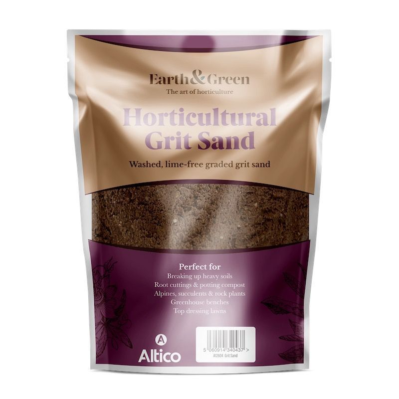 Bag of horticultural grit sand. Brown and purple packaging, white text.