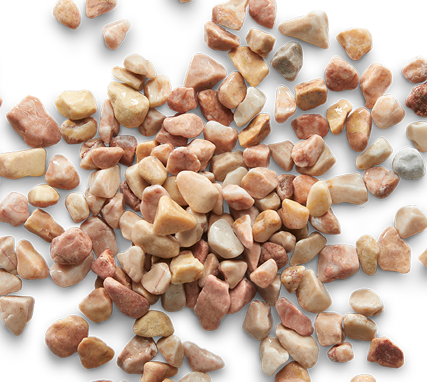 Small pile of beige and pink decorative stones on white background.