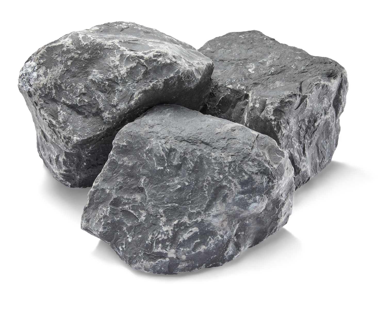 Three gray, rough-textured rocks stacked together, white accents, lit from above, shadow below.