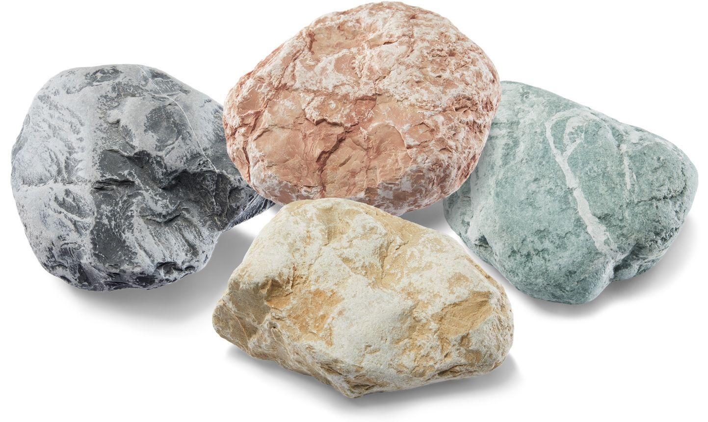 Four painted rocks in shades of gray, red, green, and beige.