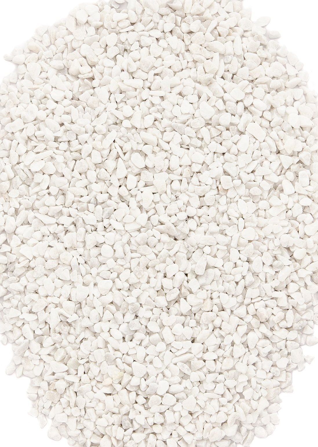White gravel, small, rounded stones, tightly packed, covering the entire view, against a white background.