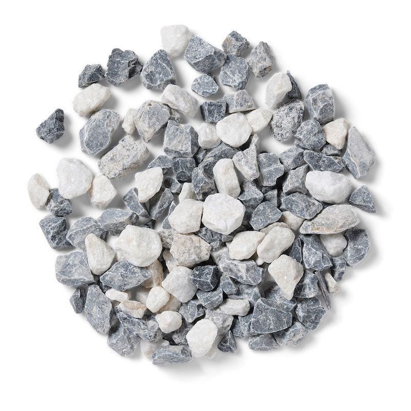 Gray and white decorative gravel stones in a pile against a white background.