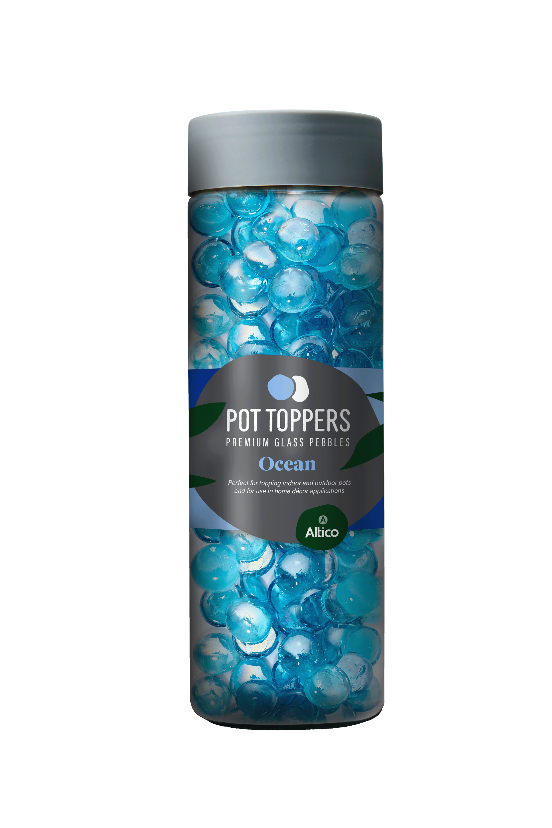 Bottle of blue decorative gel beads labeled 