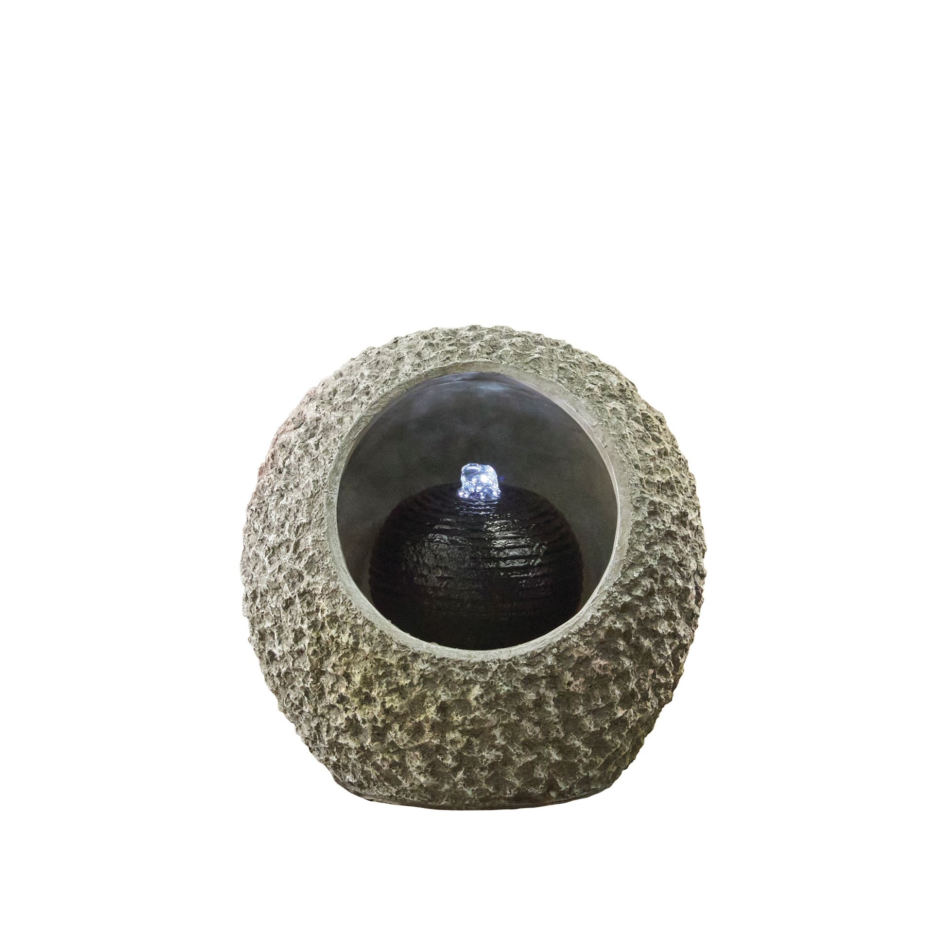 Stone water fountain with textured exterior and illuminated sphere inside.