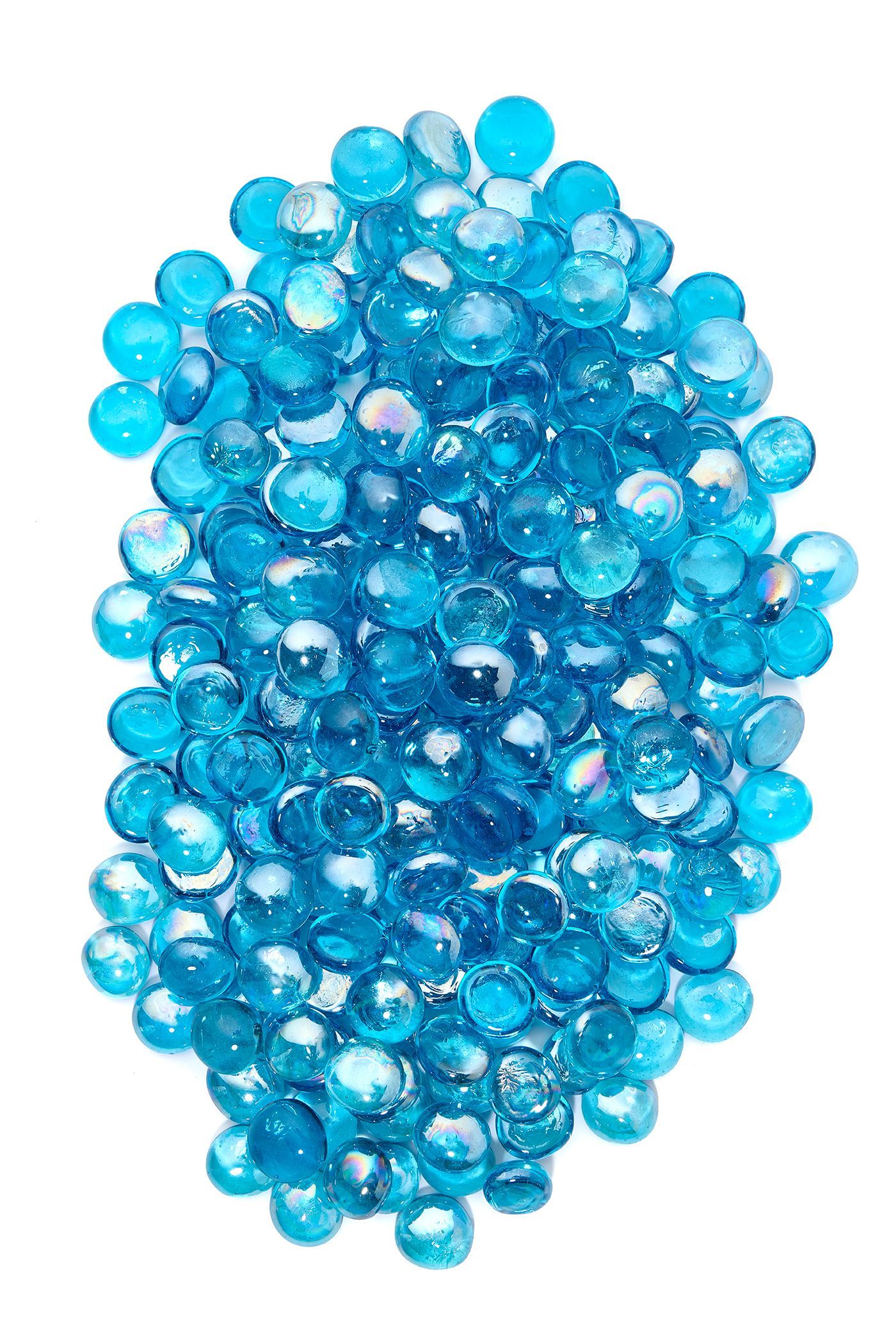 Pile of translucent blue glass beads.