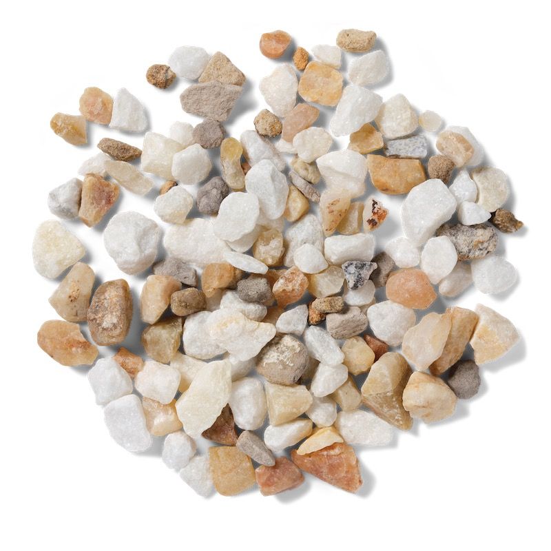 Pile of small, beige, tan, and white pebbles on a white background.