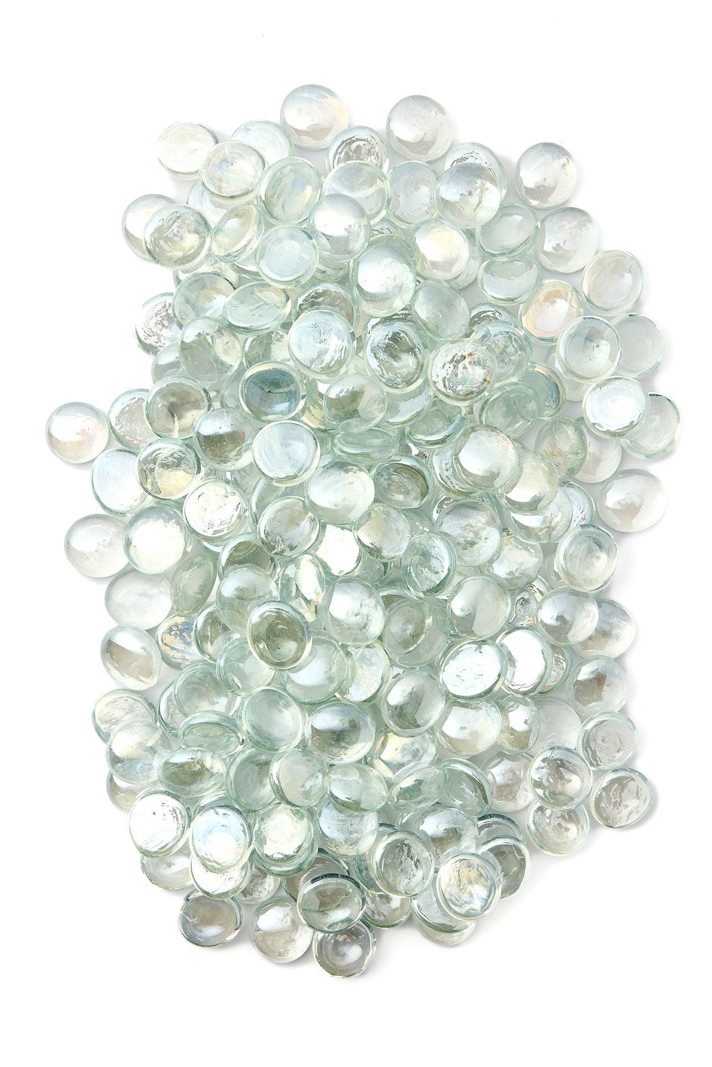Pile of iridescent, clear, flat glass marbles against a white background.