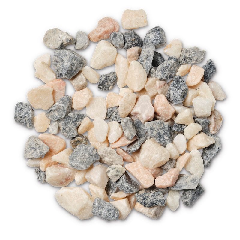 Pile of mixed-color decorative landscaping gravel, including gray, beige, and peach stones.