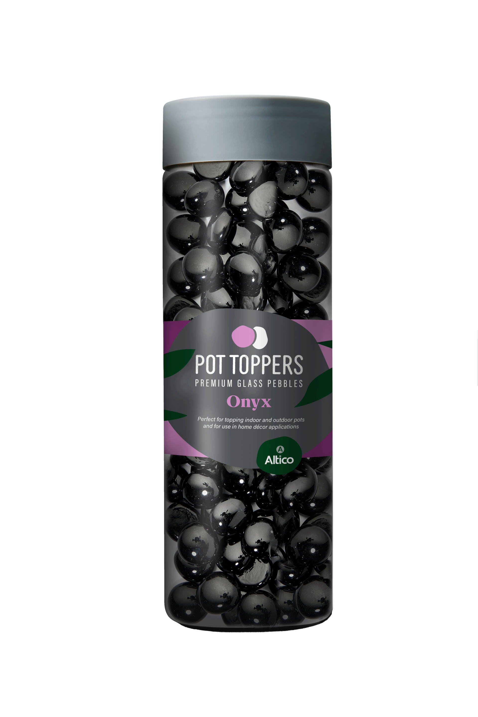 Black pot topper stones in a clear container with a purple and green label.