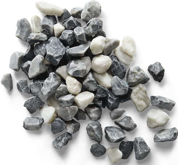 Pile of grey and white decorative landscaping gravel.