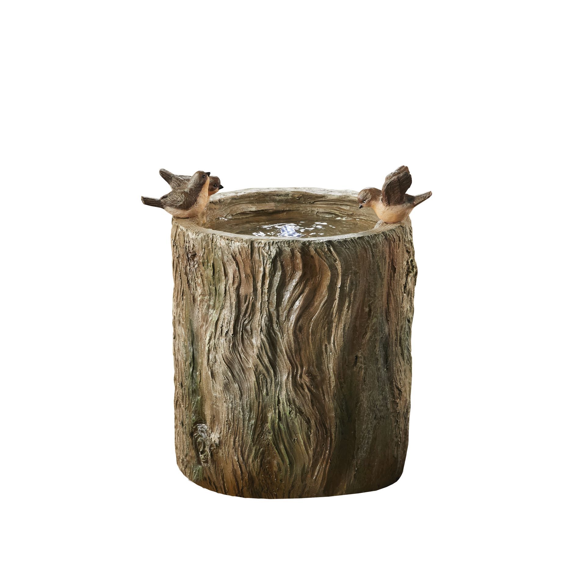 Bird bath shaped like a tree stump, with two birds perched on the rim. Brown and gray tones.