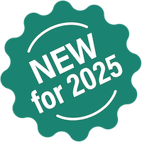 Teal badge, scalloped edges, white text 