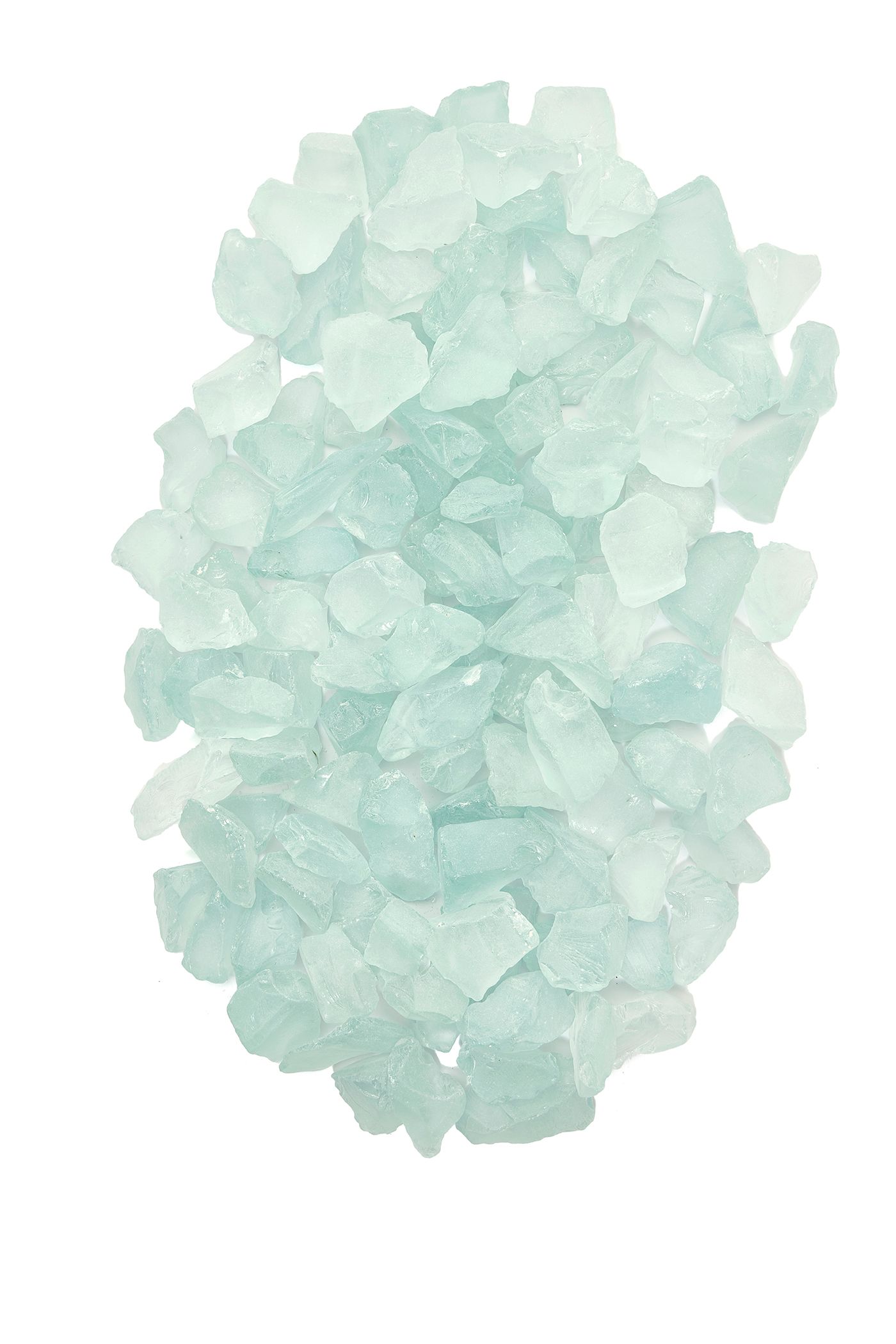 Pile of light blue, translucent, irregular-shaped crystals.
