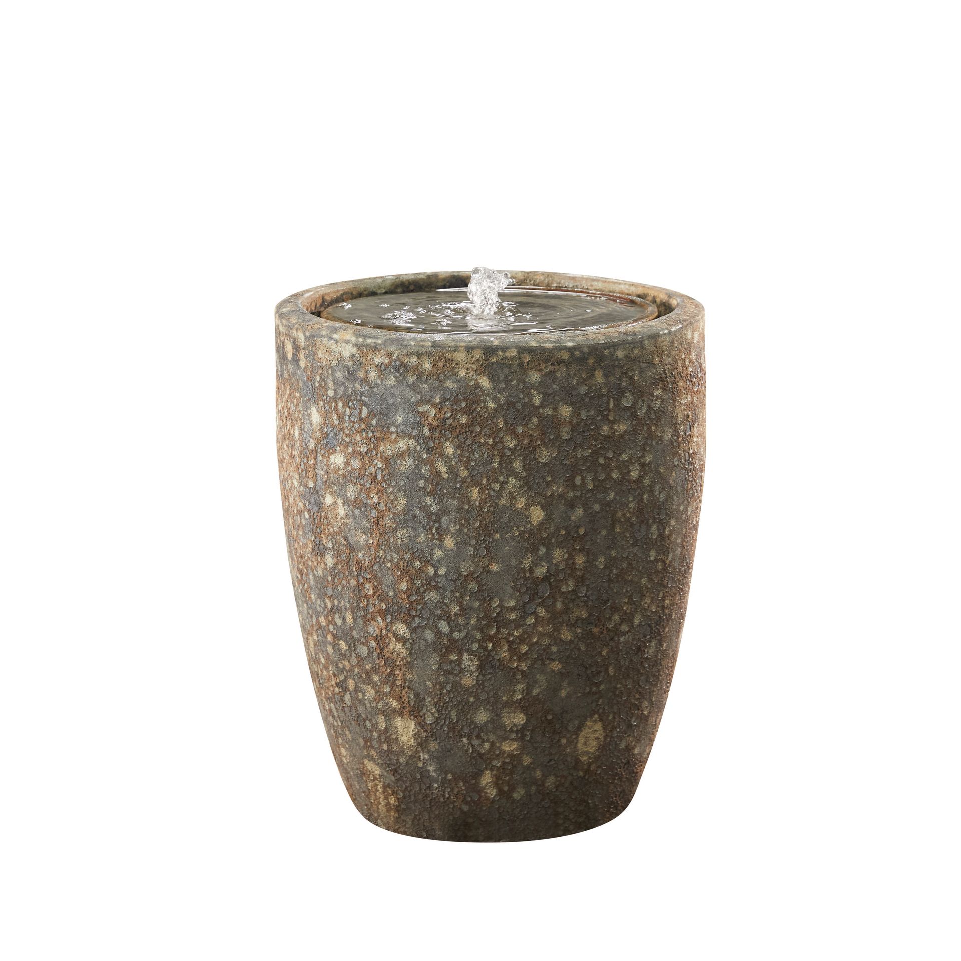 Stone-textured water fountain; water bubbling from the center.