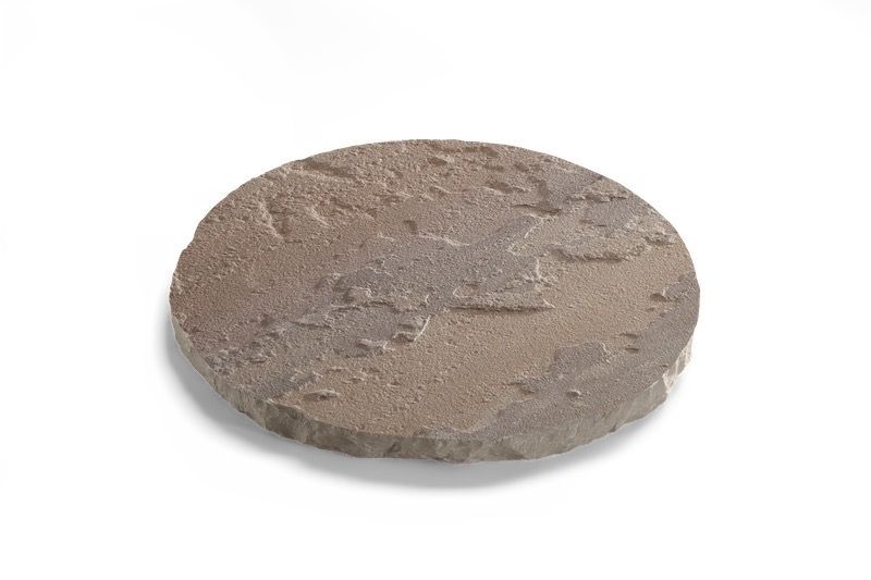 Circular, textured, brown stone paver on a white background.
