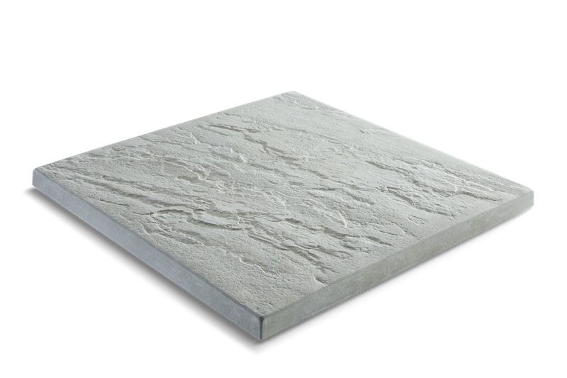 Square, gray concrete patio stone with textured surface.