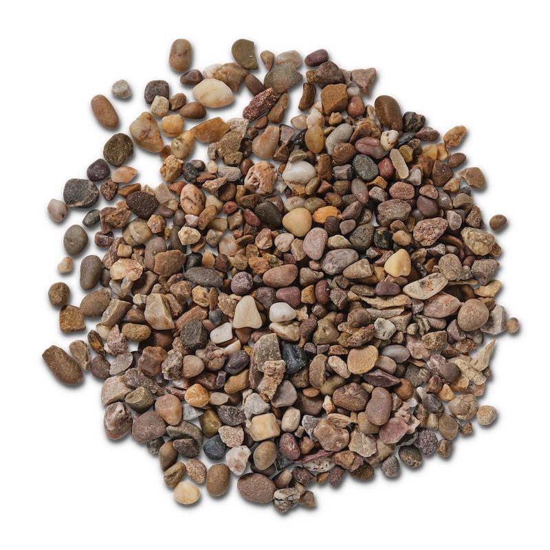 Pile of small, mixed-color pebbles on a white background.