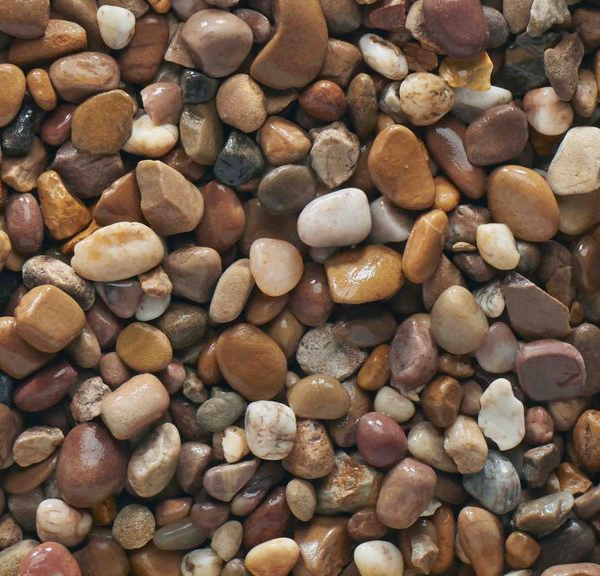 Smooth, rounded, multicolored pebbles, tan, brown, and grey.