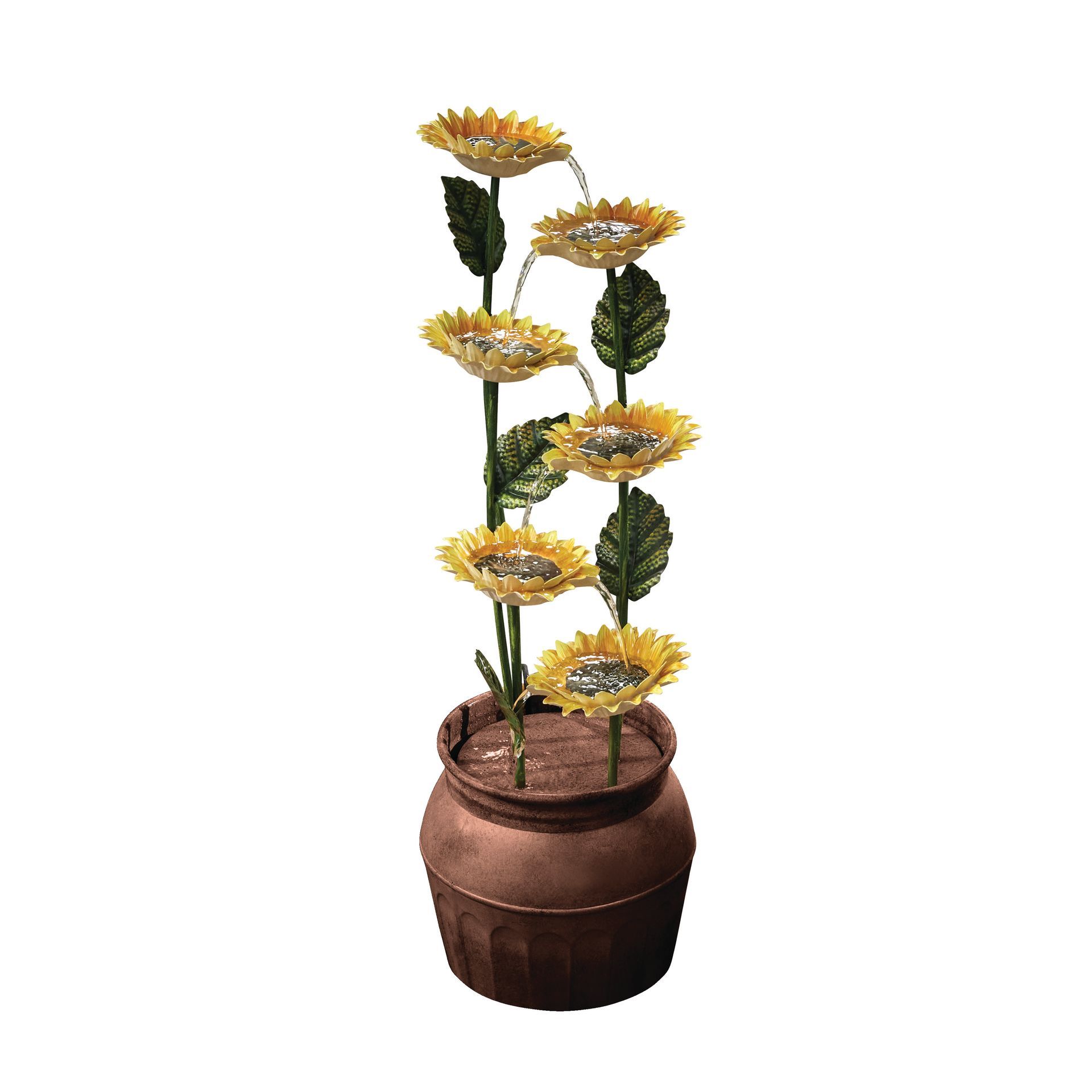 Artificial sunflowers in a brown pot, with yellow petals and green leaves.