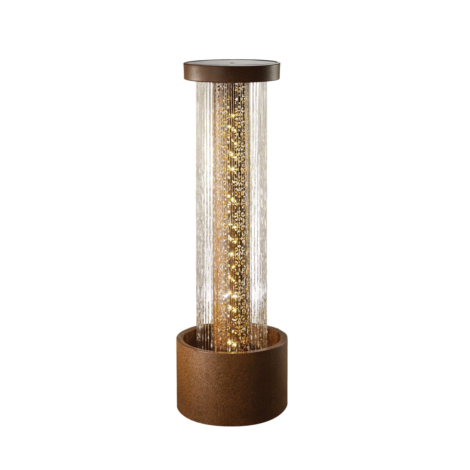 A brown outdoor light fixture with a glass tube filled with fairy lights.