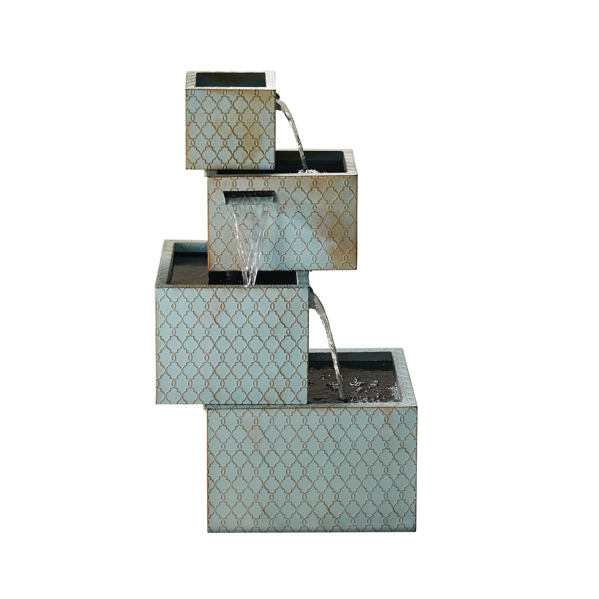 Water fountain with stacked, square basins, cascading water, light blue textured surface.