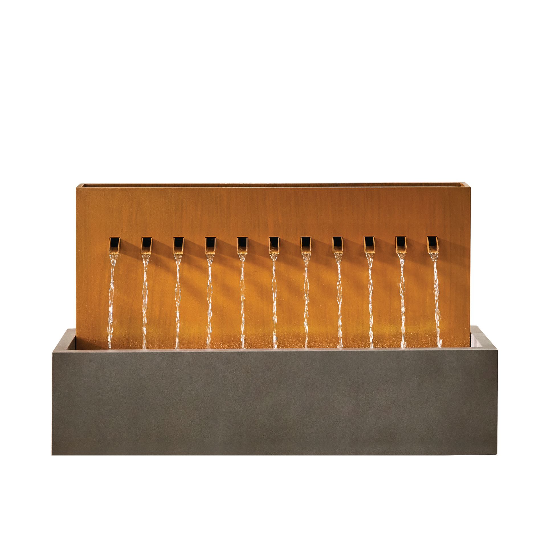 Water fountain with ten spouts cascading into a rectangular basin; brown metal backdrop, dark gray base.