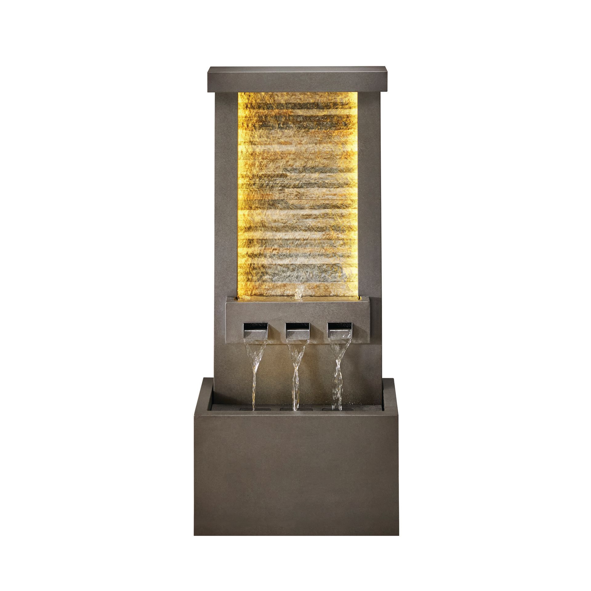 Outdoor water fountain with three spouts, illuminated water feature.