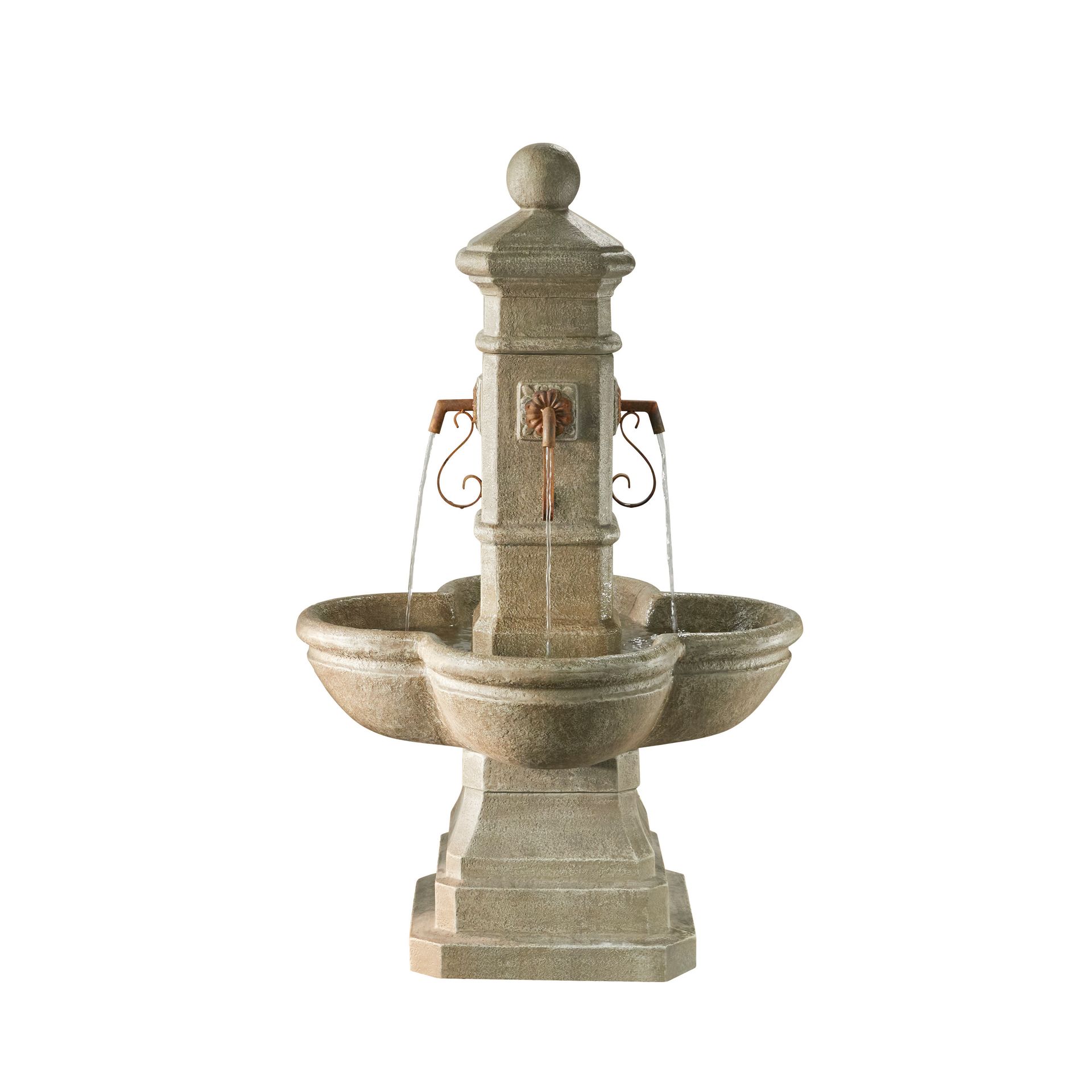 Stone water fountain with two basins and a central spout.