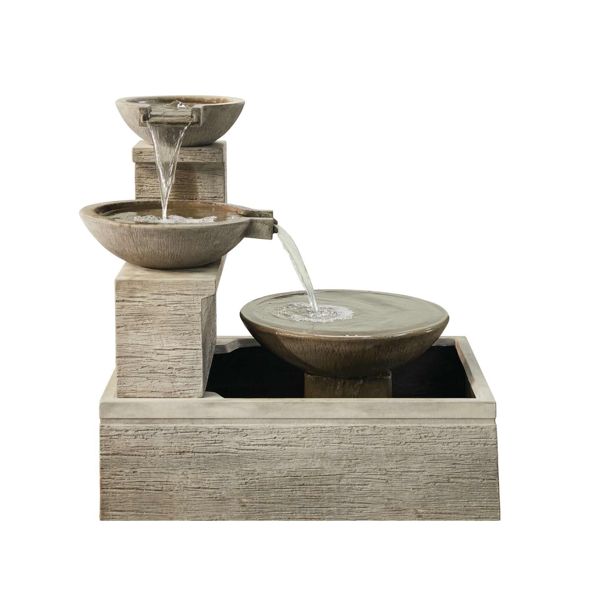 Stone-colored tiered fountain with water cascading from bowls.