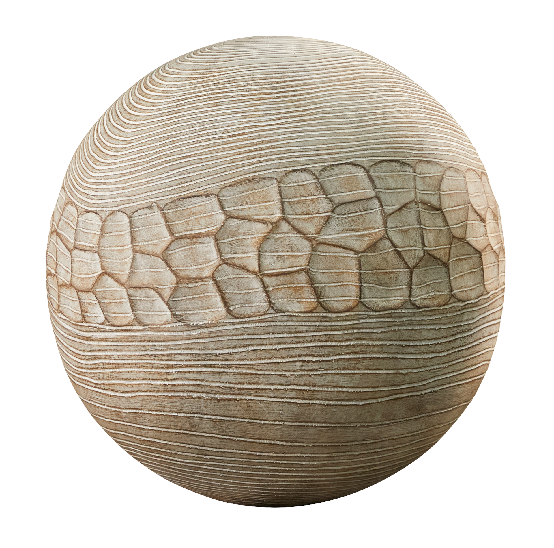 Textured sphere with light brown, carved wood patterns: horizontal lines, textured mosaic, and curved lines.