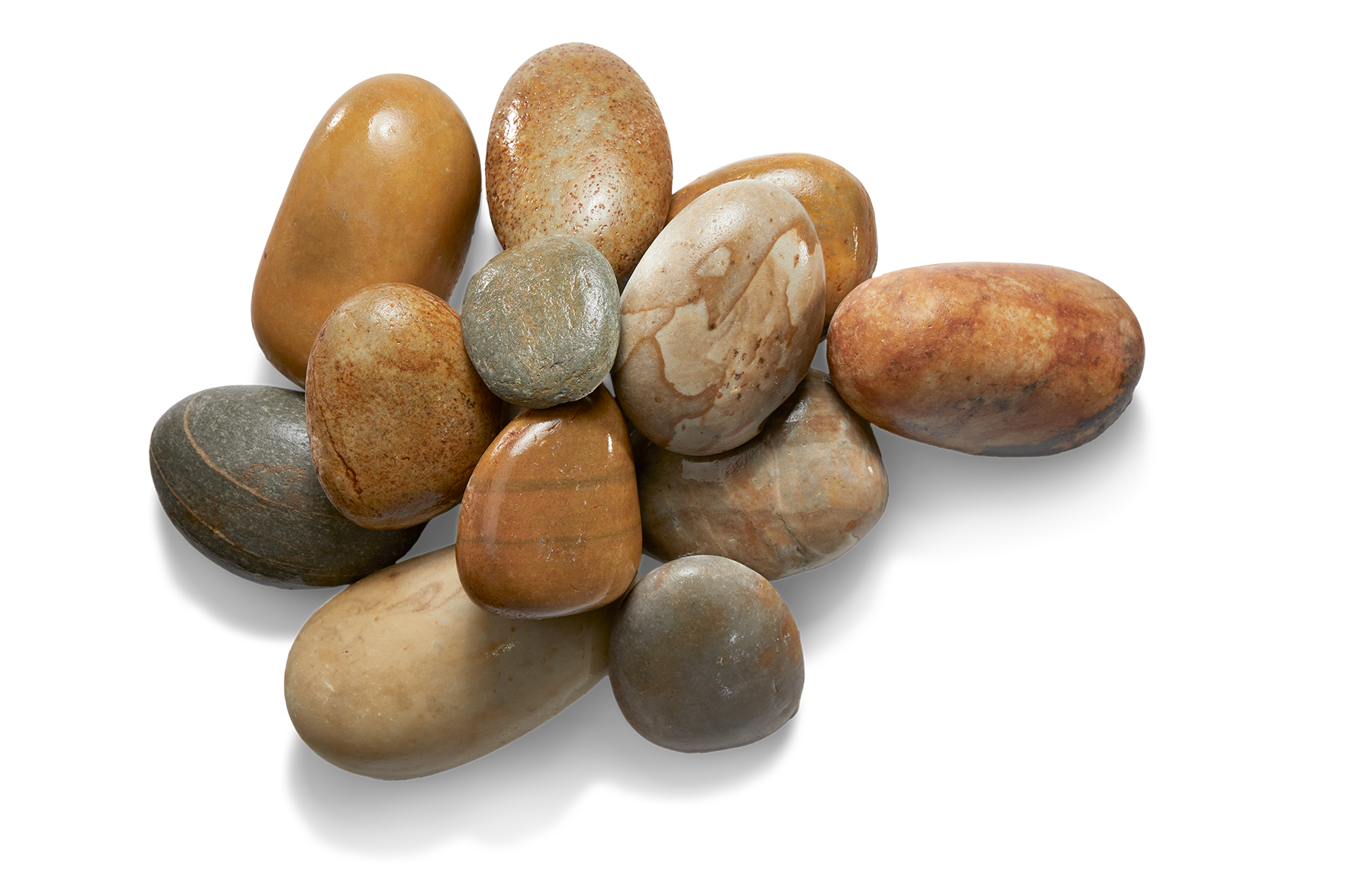 Pile of smooth, rounded river stones in various shades of brown and gray.
