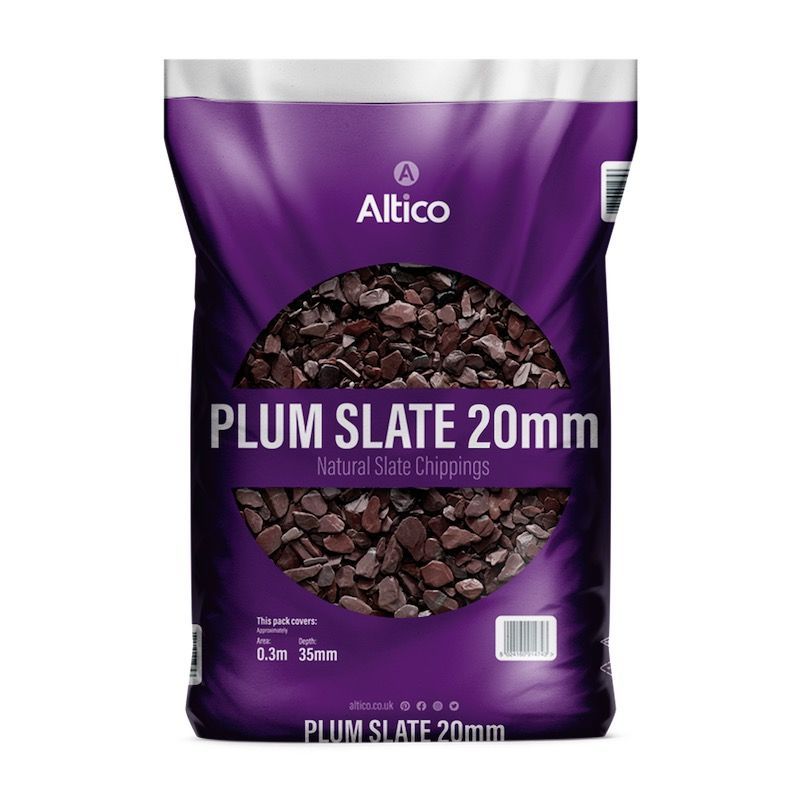 Bag of Plum Slate 20mm natural slate chippings, dark purple, with visible rocks.