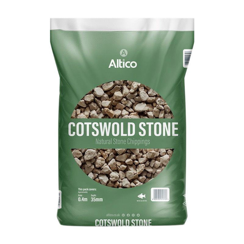 Bag of Cotswold stone, natural stone chippings, in a green bag with product information.