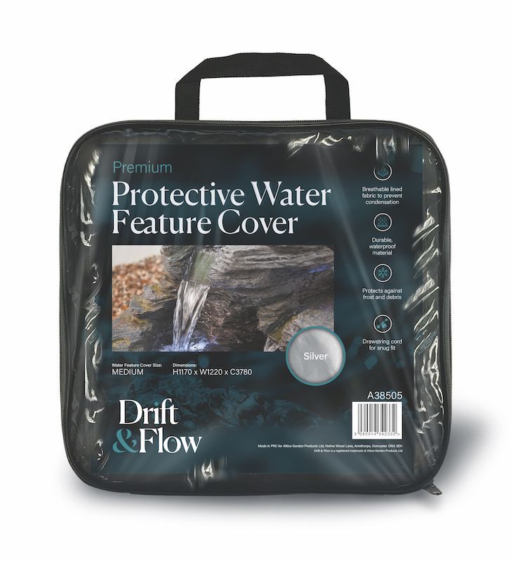 A black, zippered bag containing a protective water feature cover. Includes a picture of a waterfall and product info.