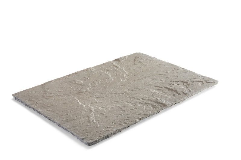 Gray rectangular paving stone with textured surface.