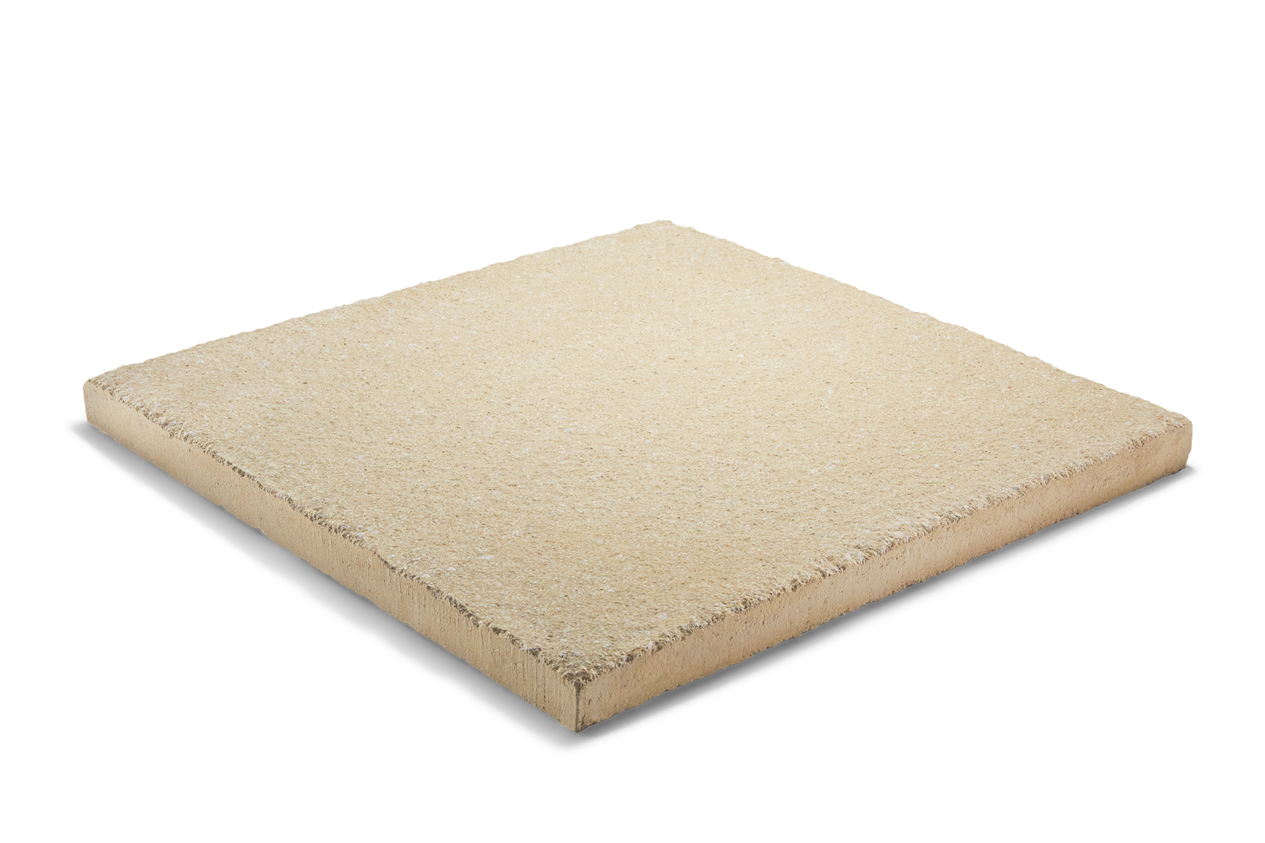 Square, light beige patio paving stone. Rough texture, flat surface.