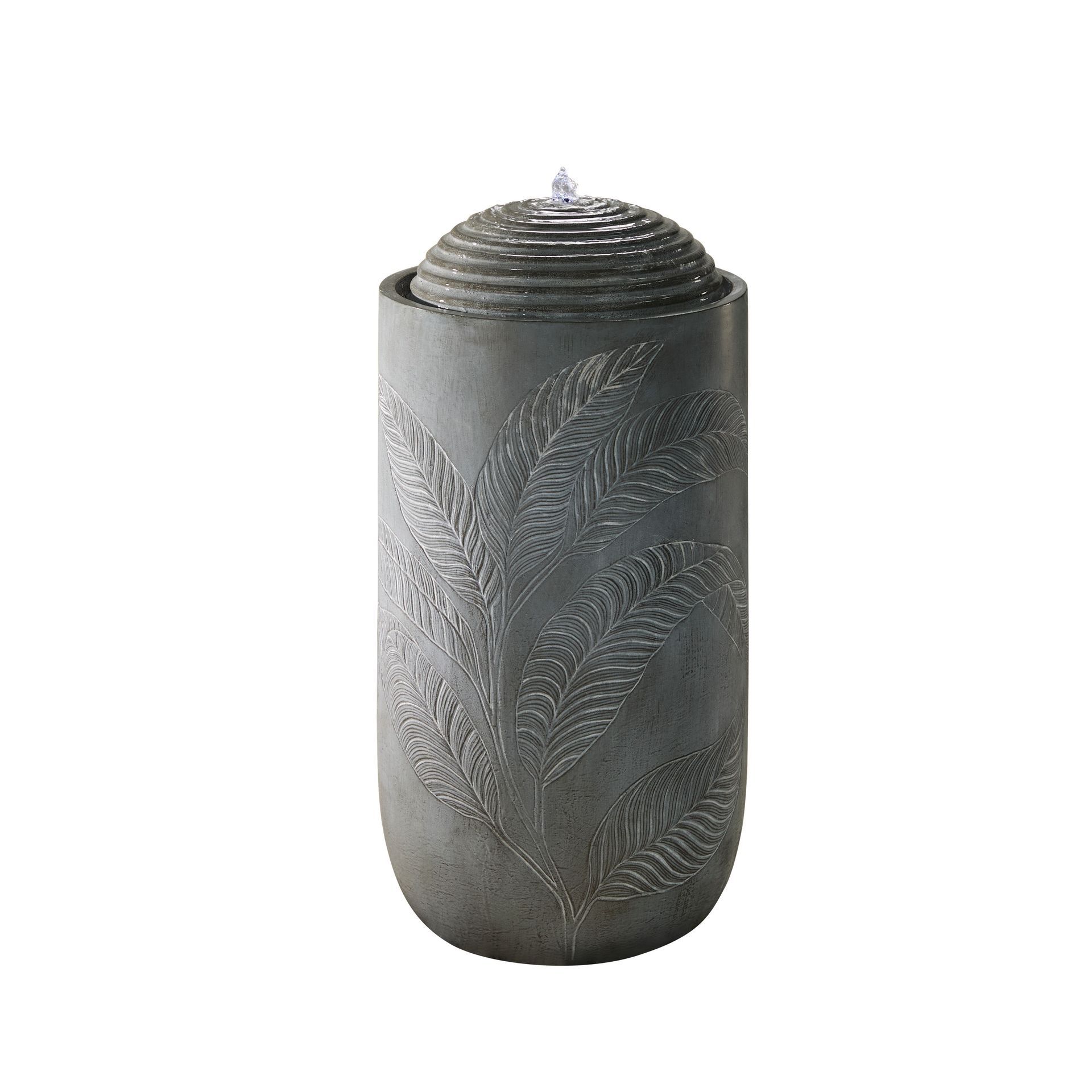 Stone water fountain with leaf design, water flowing from the top.