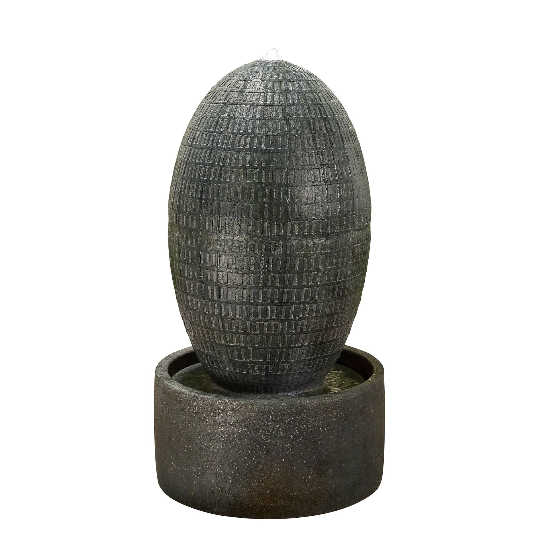 An egg-shaped water fountain with a textured surface, placed on a circular base.
