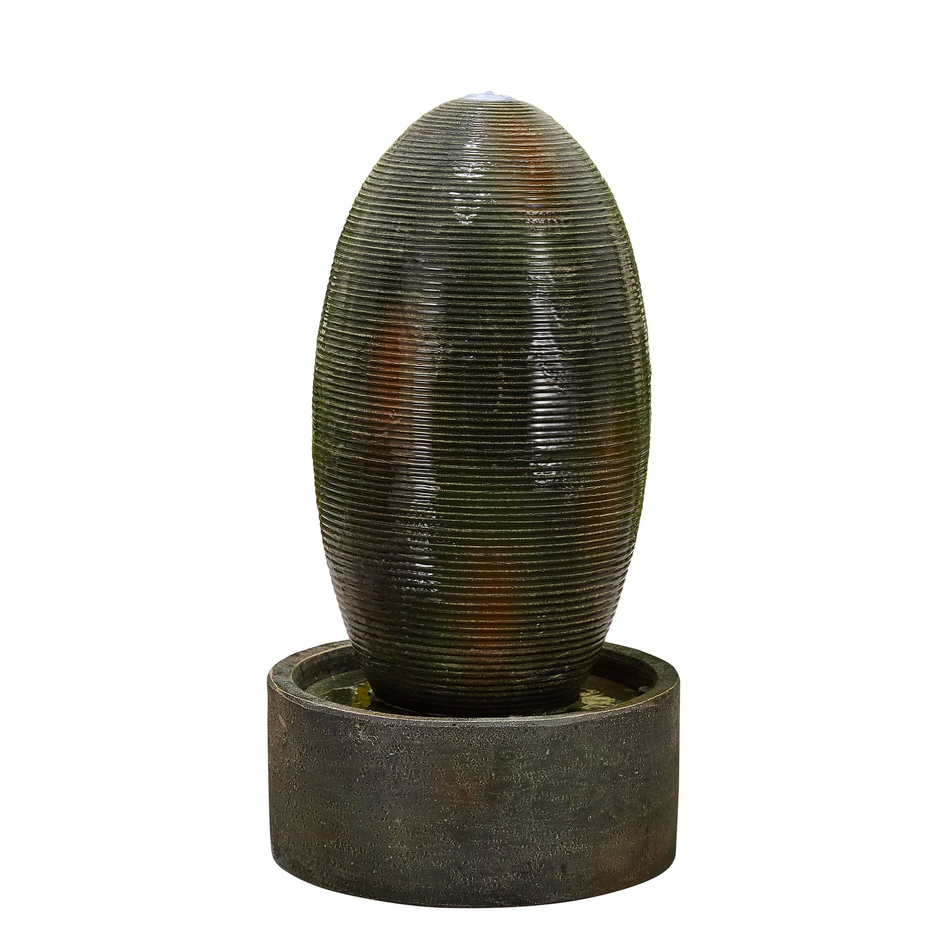 Stone water fountain shaped like an elongated egg, atop a circular base. Water trickles down.