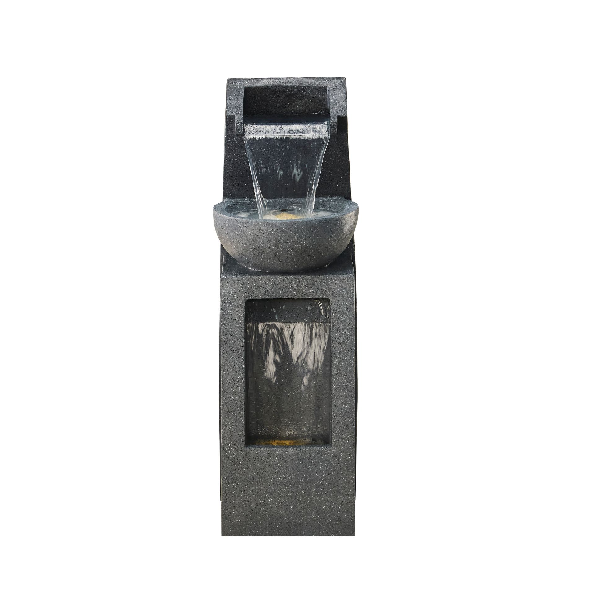 Outdoor water fountain with dark gray stone finish. Water flows from top down into bowl and then to bottom.