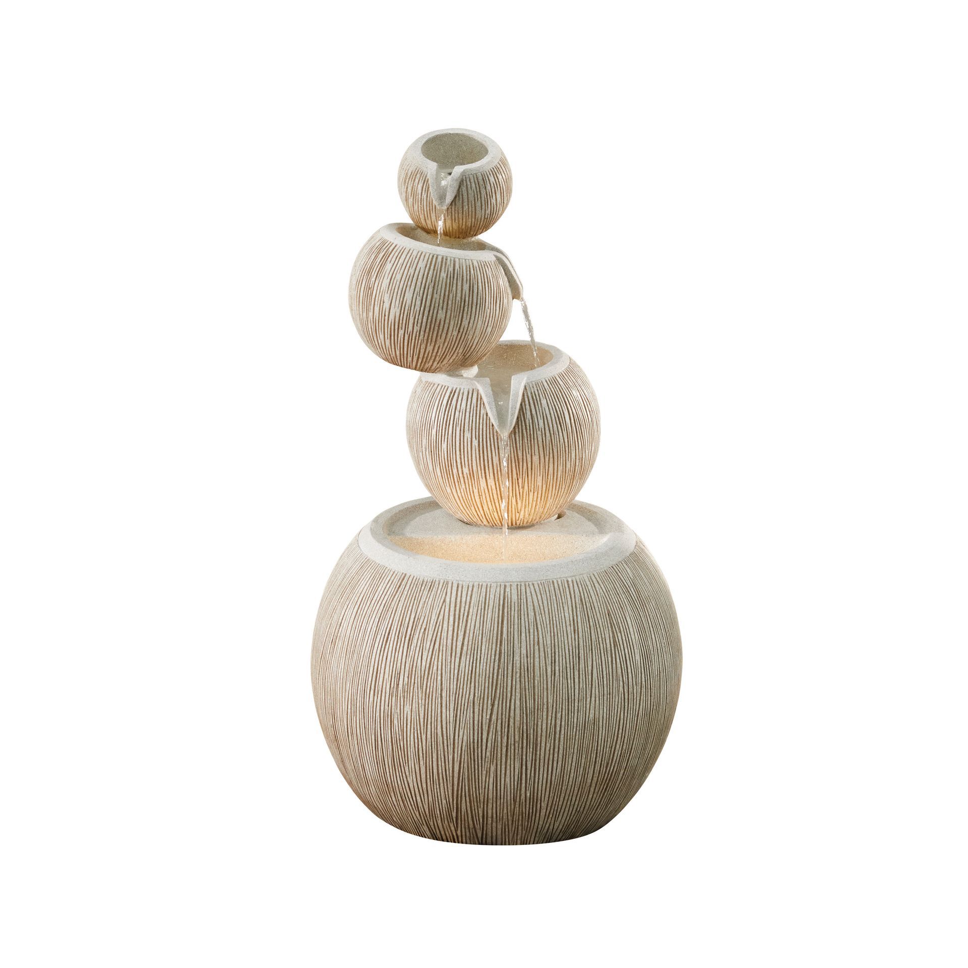 Beige, stacked orb water fountain with water flowing from top to bottom.