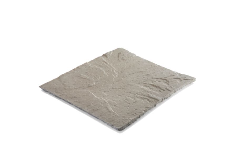 Square, textured stone patio tile in shades of gray, set against a white background.