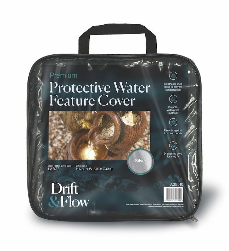 Black, square protective water feature cover, with a silver label, packaged.