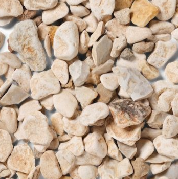 Pile of small, light-colored gravel stones against a white background.